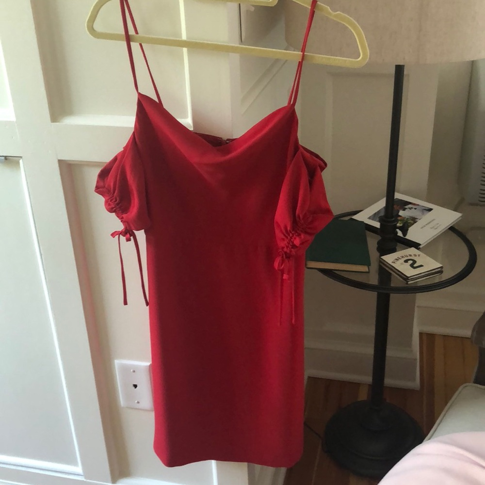 Red off the shoulder silk dress